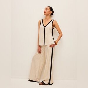 Commense Cotton & Linen Contrast Trim V-Neck Pants Set